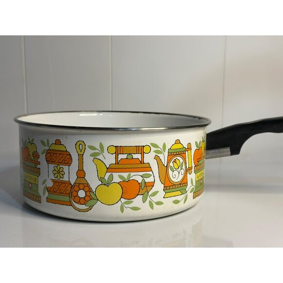 VTG 1970 West Bend Enamelware Sauce Pan Pot 14.5" NO Lid - MCM Green Yellow - Picture 3 of 9